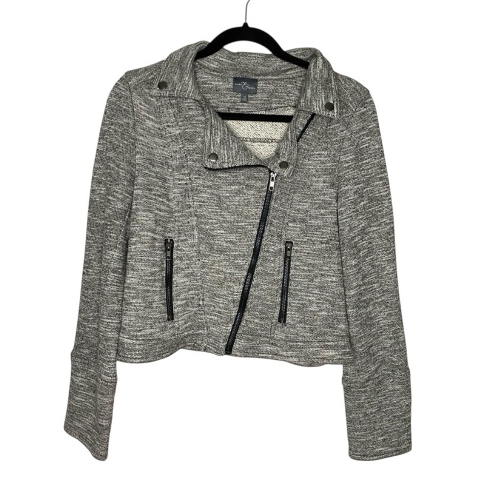 Market & Spruce Gray Heathered Moto Jacket Sweater Knit Zip Up